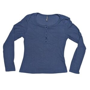 Pretty Garden Small Blue Stretchy Long Sleeve Henley Tee Shirt